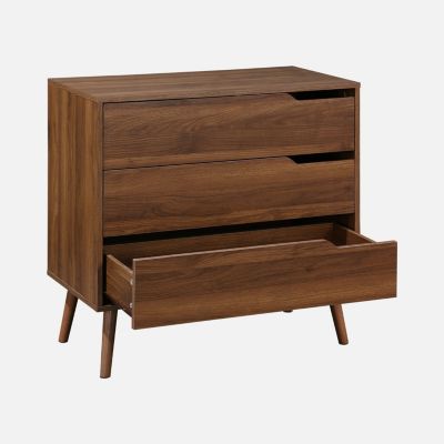 Commode décor bois de noyer. 3 tiroirs. pieds en pin massif