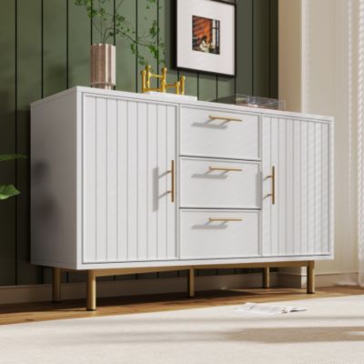 Commode décorée de rayures verticales - 3 tiroirs et 2 portes avec étagères réglables - Blanc
