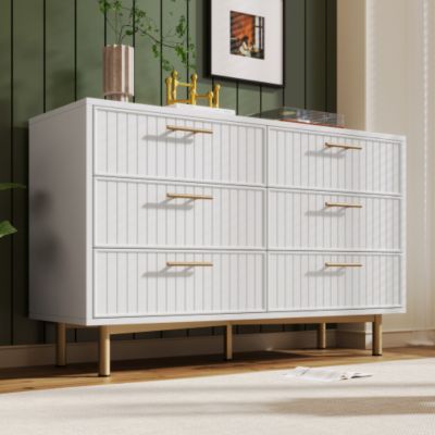Commode décorée de rayures verticales - 6 tiroirs - Blanc