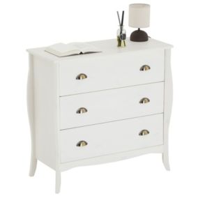 Commode de chambre ANTOINETTE style baroque rococo design moderne, rangement avec 3 tiroirs, en pin massif lasuré blanc