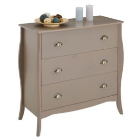 Commode de chambre ANTOINETTE style baroque rococo design moderne, rangement avec 3 tiroirs, en pin massif lasuré taupe