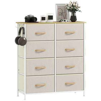 Commode de chambre à coucher avec 8 tiroirs en tissu, montants en acier, plateau en bois, 4 poches de rangement, 2 crochets, beige