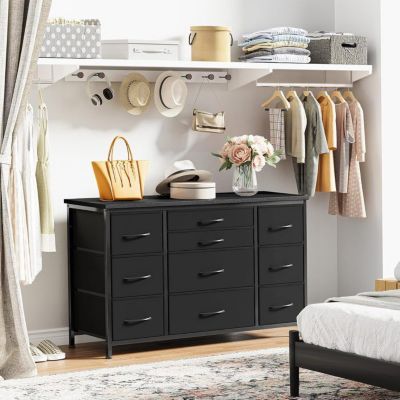 Commode de chambre - PROMIRACAL - 121x39x70cm - 10 tiroirs en tissu - Cadre acier, dessus bois - Prise électrique intégrée