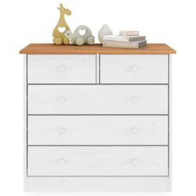 Commode de chambre RONDO meuble de rangement avec 5 tiroirs, en pin massif lasuré blanc et brun