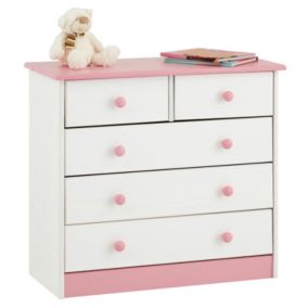 Commode de chambre RONDO meuble de rangement avec 5 tiroirs, en pin massif lasuré blanc et rose