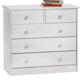 Commode de chambre RONDO meuble de rangement avec 5 tiroirs, en pin massif lasuré blanc