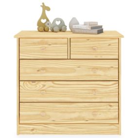 Commode de chambre RONDO meuble de rangement avec 5 tiroirs, en pin massif vernis naturel