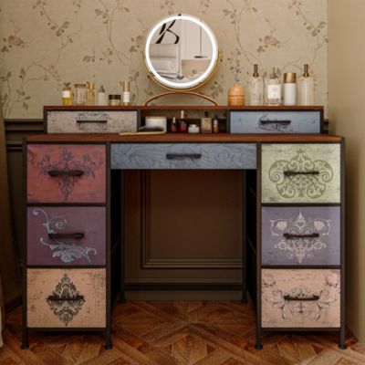 Commode de maquillage, 2 étagères, tiroirs grande capacité, plateau bois, pieds réglables, poignées élégantes, sécurisée