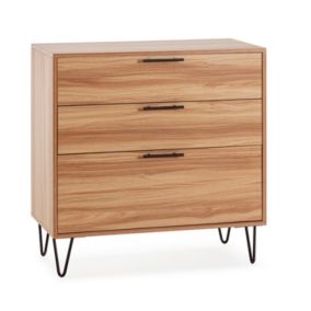 Commode de nuit Alma 3 tiroirs, coloris bois, pieds métal