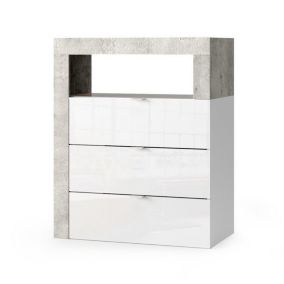 Commode de salle de bains large 64cm, 3 tiroirs, collection BURA. Coloris blanc brillant laqué et gris aspect béton