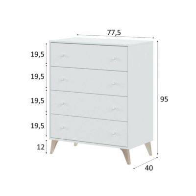 Commode Denver, commode 4 tiroirs, Commode pour la chambre, Commode moderne, 78x40h95 cm, Blanc