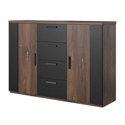 Commode design 2 portes et 4 tiroirs  130 cm  Chene foncé et noir  Collection FOX