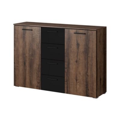 Commode design 2 portes et 4 tiroirs 130cm. Collection EOS coloris chene foncé et noir