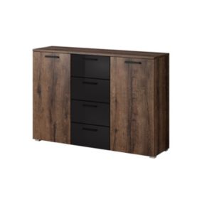 Commode design 2 portes et 4 tiroirs 130cm. Collection FLOYD coloris chêne foncé et noir brillant