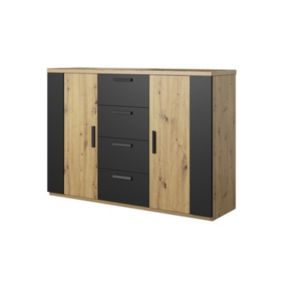 Commode design 2 portes et 4 tiroirs 130cm. Collection FOX coloris chêne clair et noir.
