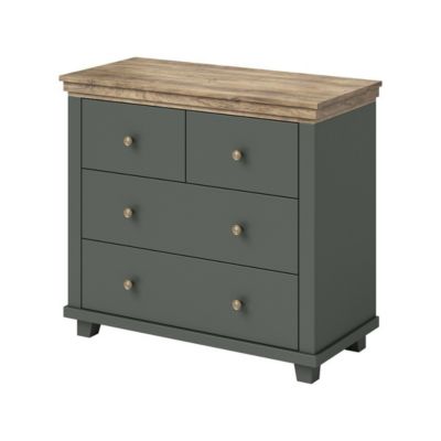 Commode design 4 tiroirs. Coloris vert kaki et chene. Collection ASSIA