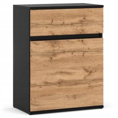 Commode design Noir + Chêne Wotan avec tiroir et porte - 60x35x78 cm- style loft