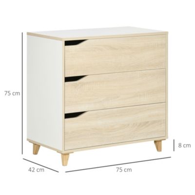 Commode design scandinave 3 tiroirs piètement effilé panneaux MDF blanc aspect bois clair
