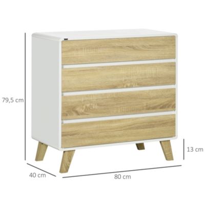 Commode design scandinave - 4 tiroirs - MDF panneaux blanc aspect chêne clair