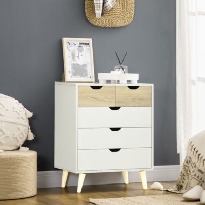 Commode design scandinave 5 tiroirs coulissants piètement bois effilé incliné panneaux blanc aspect bois clair
