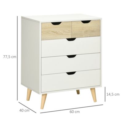 Commode design scandinave 5 tiroirs coulissants piètement bois effilé incliné panneaux blanc aspect bois clair