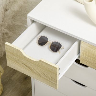 Commode design scandinave 5 tiroirs coulissants piètement bois effilé incliné panneaux blanc aspect bois clair