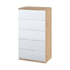 Commode Dhvali, commode à 5 tiroirs, commode pour la chambre, commode moderne, 60x40h110 cm, chêne et blanc