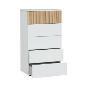 Commode Dorig, commode à 5 tiroirs, commode pour la chambre, commode moderne, 61x40h109 cm, blanc et chêne