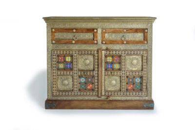 Commode en bois d'acacia, céramique et bronze