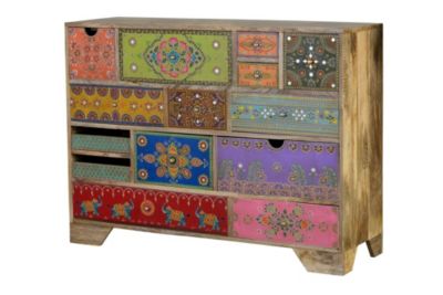 Commode en bois de manguier avec détails multicolores peints à la main