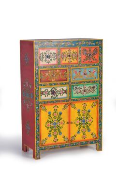 Commode en bois de manguier avec détails multicolores peints à la main