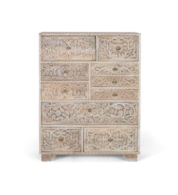 Commode en bois de manguier sculptée à la main avec dix tiroirs
