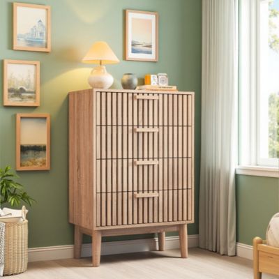 Commode en bois naturel avec 4 tiroirs, design à rainures verticales, grande capacité de rangement, robuste et stable