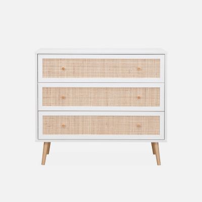 Commode en décor bois blanc et cannage 90x39x79cm - Bohème - 3 tiroirs