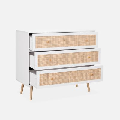 Commode en décor bois blanc et cannage 90x39x79cm - Bohème - 3 tiroirs