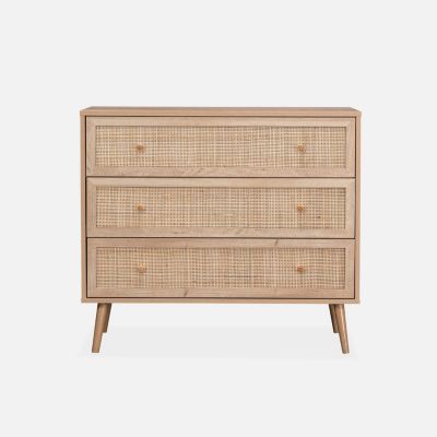 Commode en décor bois et cannage 90x39x79cm - Bohème - 3 tiroirs