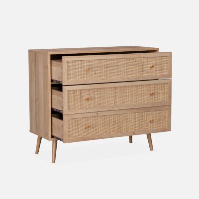 Commode en décor bois et cannage 90x39x79cm - Bohème - 3 tiroirs