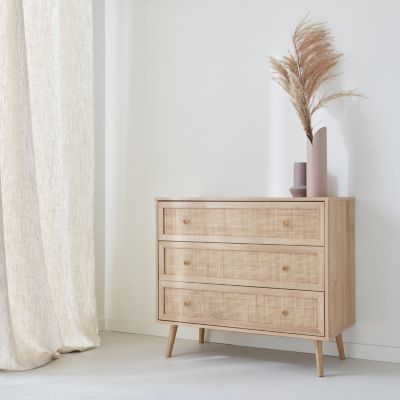 Commode en décor bois et cannage 90x39x79cm - Bohème - 3 tiroirs