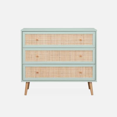 Commode en décor bois vert céladon et cannage 90x39x79cm - Bohème - 3 tiroirs