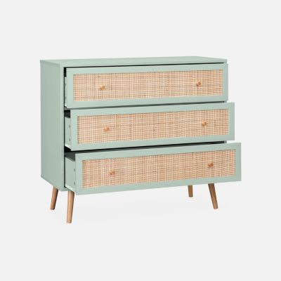 Commode en décor bois vert céladon et cannage 90x39x79cm - Bohème - 3 tiroirs