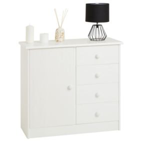 Commode en pin massif blanc RONDO buffet meuble de rangement avec 4 tiroirs et une porte