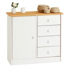 Commode en pin massif lasuré blanc et brun RONDO buffet meuble de rangement avec 4 tiroirs et une porte