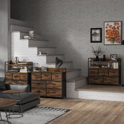 Commode en polyester marron avec 7 tiroirs et structure en acier