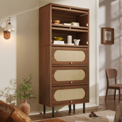 Commode en rotin 80x40x163 cm - avec 5 portes - pieds en métal - coloris noyer