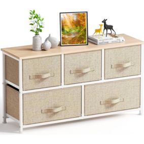 Commode en Tissu avec 5 Tiroirs Rangement Dessus en Bois et Poignée Chambre Salon Couloir