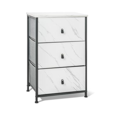 Commode en tissu Frankystar Fedra 3 tiroirs structure metal noire marbre clair