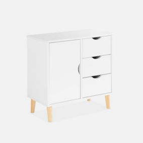 Commode enfant. 1 porte et 3 tiroirs. 2 étagères. blanc. pieds en pin