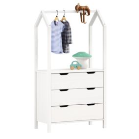 Commode enfant AMIRA H 152 cm en bois massif blanc type Montessori avec 3 tiroirs et 1 tringle meuble de rangement