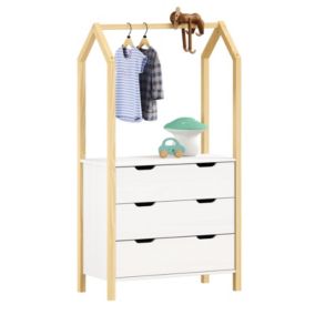 Commode enfant AMIRA H 152 cm en bois massif coloris naturel et blanc type Montessori avec 3 tiroirs et 1 tringle