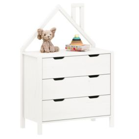Commode Enfant ELANO en Bois Massif blanc avec 3 Tiroirs de Rangement, 84 x 120 x 41 cm, Meuble Chambre